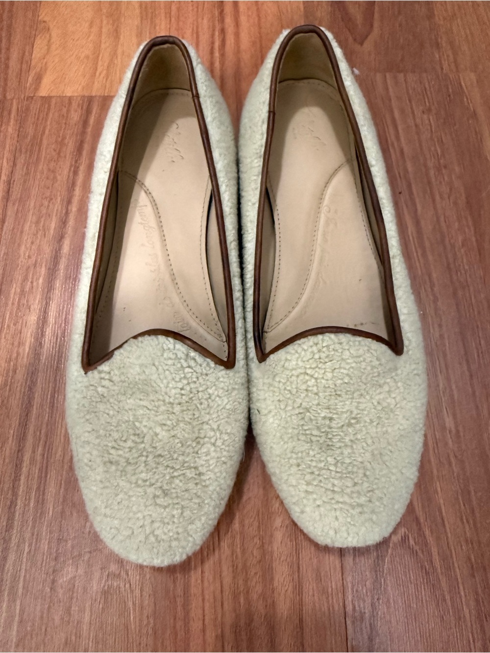 Cream Shearling-Look Slip-On Flats with Brown Trim